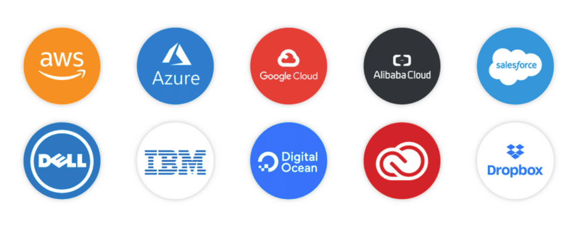 AWS, Azure ve Google Cloud tarafından yönetilen en iyi 10 bulut depolama sağlayıcısının simgeleri.