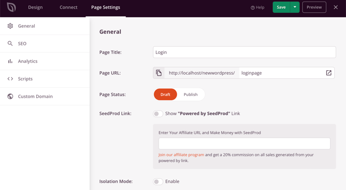 Setările paginii SeedProd SeedProd Page Settings
