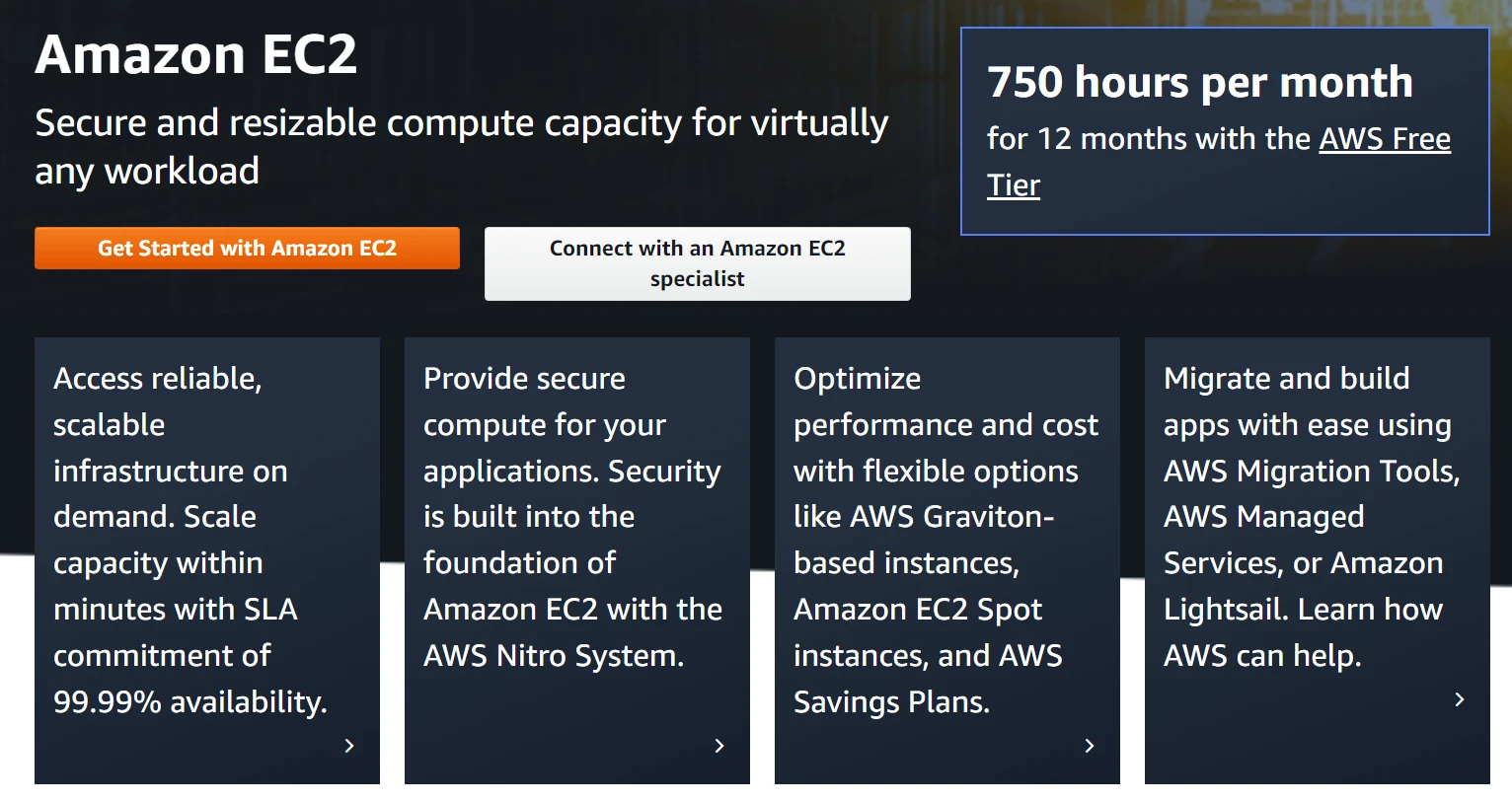 Pagina iniziale di Amazon EC2