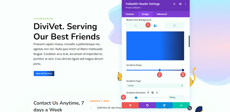 Divi Fullwidth Header Hero Abschnitt Schaltfläche Hintergrundverlauf