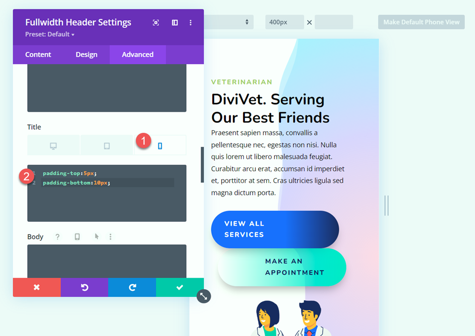 Divi Fullwidth Header Hero Abschnittstitel CSS Mobile