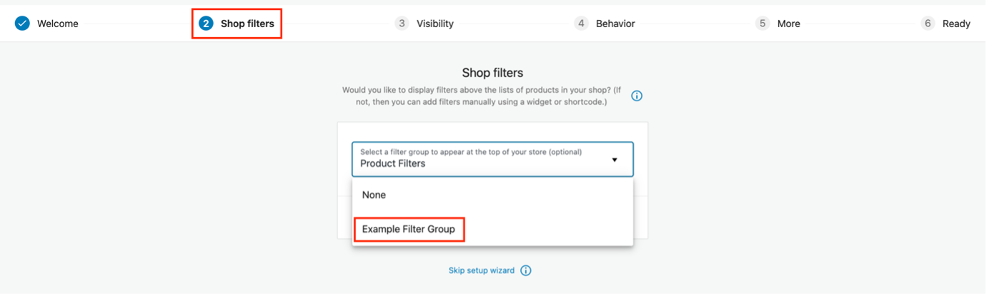 Screenshot mit dem Dropdown-Feld im Einrichtungsassistenten zum Auswählen der Filtergruppe, die dem Store hinzugefügt werden soll