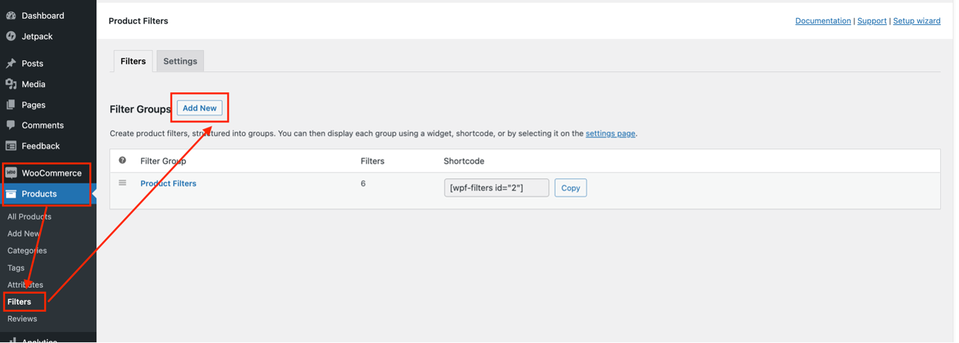 Schritt 1 zum Hinzufügen Ihrer eigenen Filtergruppen für WooCommerce-Kategorien – Hinzufügen einer neuen Filtergruppe