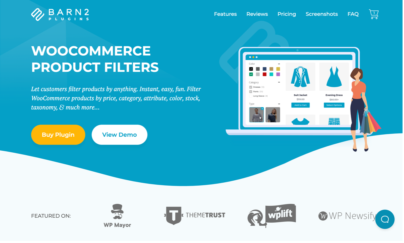 Screenshot der Plug-in-Website WooCommerce Product Filters von Barn2 zum Hinzufügen von Kategorien und anderen Filtern