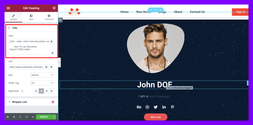 دليل كامل حول كيفية إضافة تلميح أداة في موقع Elementor 1 Add tooltip code on HTML tag support fields of Happyaddons