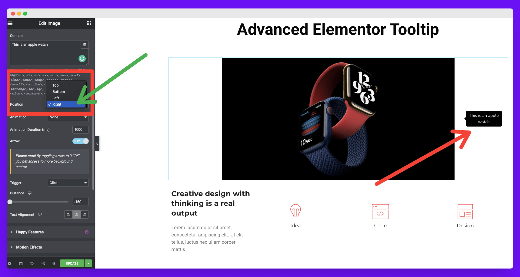 دليل كامل حول كيفية إضافة تلميح أداة في موقع Elementor 11 Change the position of your tooltip