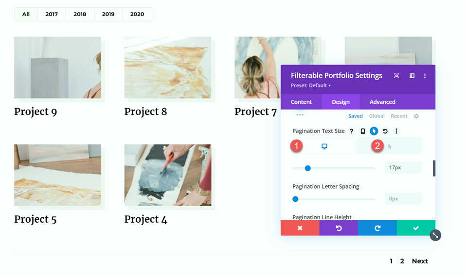 Divi Filterable Portfolio Pagination Style 1 テキストサイズ