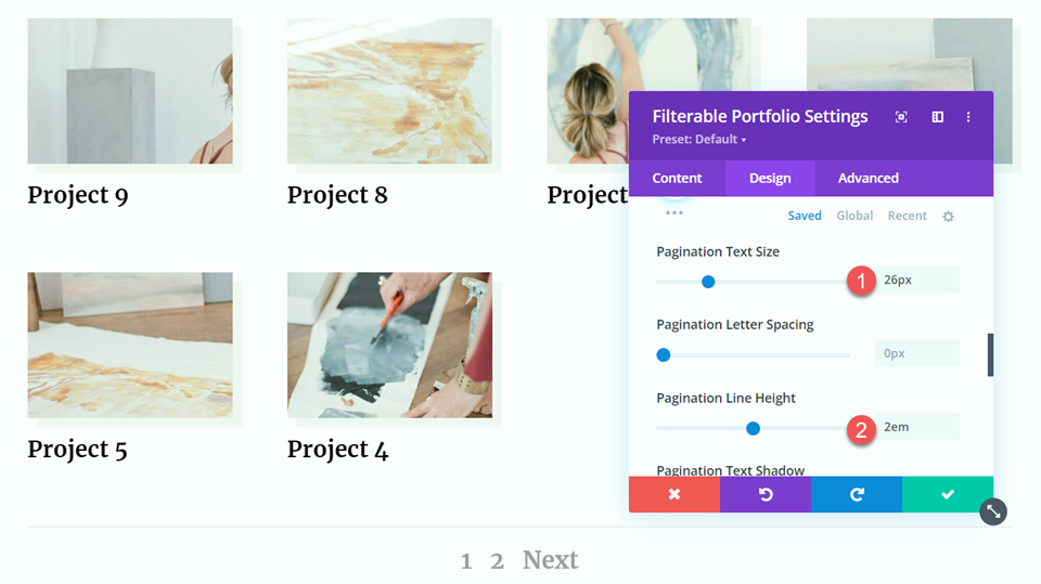 Divi Filterable Portfolio Pagination Style 2 テキストサイズ