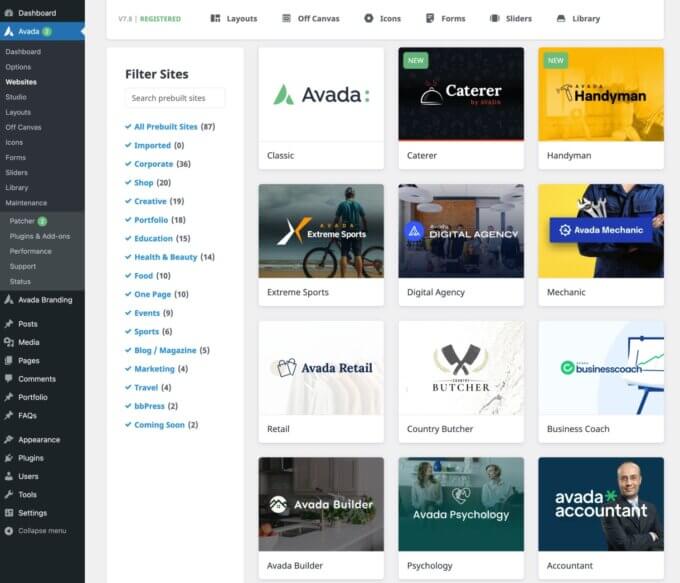 Avada web sitesi şablonları