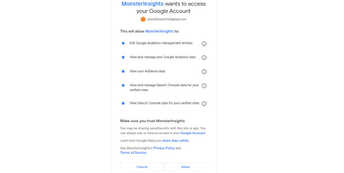 Izinkan MonsterInsights Mengakses Akun Google Analytics Anda
