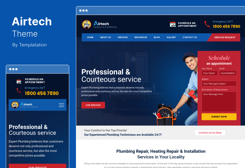 Airtech 테마 - 배관공 HVAC 수리 WordPress 테마