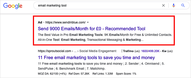 Ricerca su Google per lo strumento di email marketing con annuncio ppc