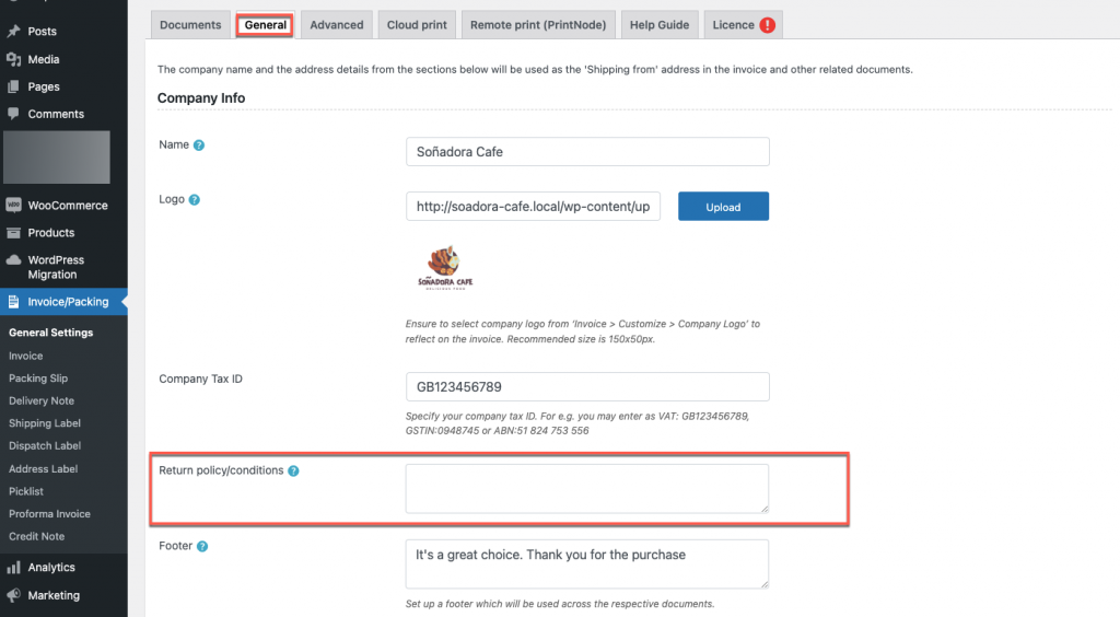 นโยบายการคืนใบแจ้งหนี้ PDF ของ Premium Woocommerce