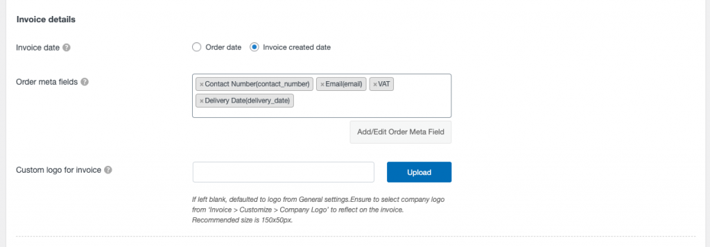 ส่วนรายละเอียดใบแจ้งหนี้ของใบแจ้งหนี้ PDF ของ Woocommerce