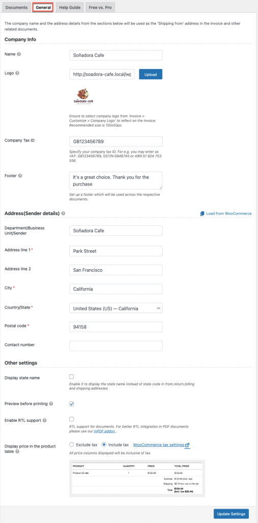 ใบแจ้งหนี้ PDF ของ Woocommerce เสียบการตั้งค่าทั่วไป