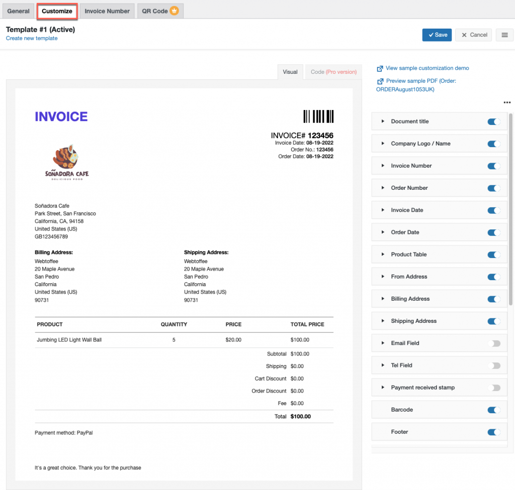 ตัวปรับแต่งของใบแจ้งหนี้ PDF woocommerce