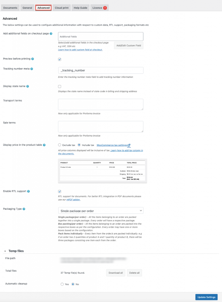 แท็บขั้นสูงของใบแจ้งหนี้ Woocommerce PDF ขั้นสูง
