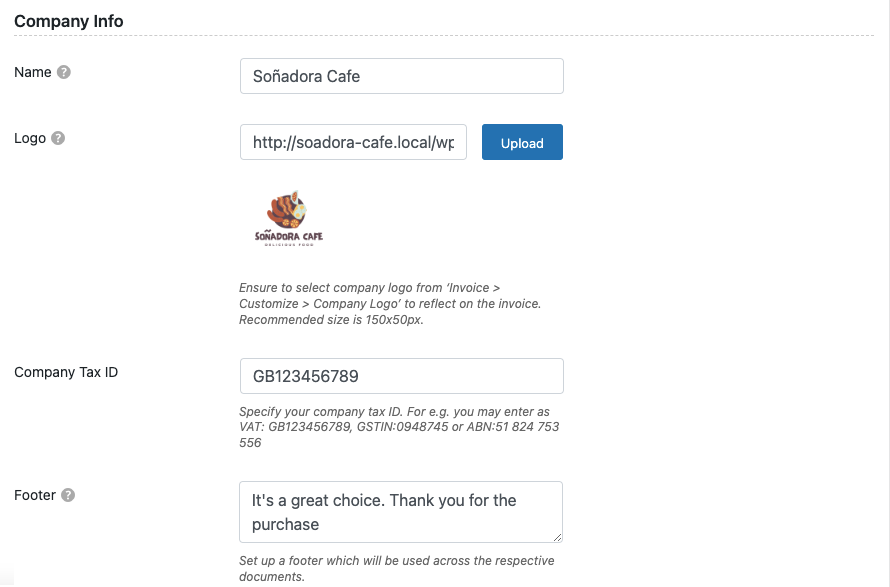 ข้อมูล บริษัท ใบแจ้งหนี้ PDF ของ Woocommerce