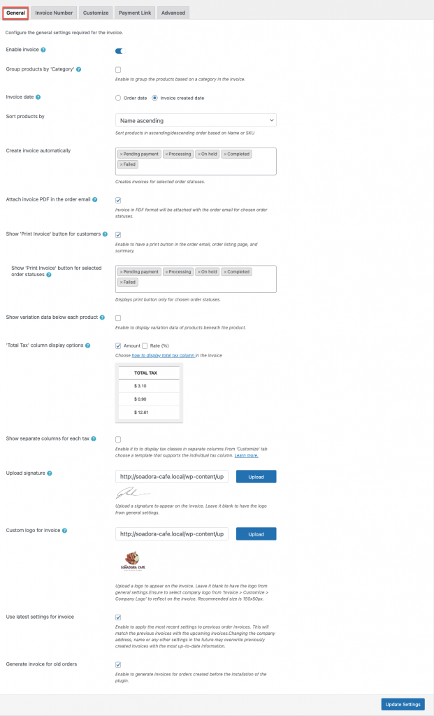 แท็บทั่วไปของใบแจ้งหนี้ PDF พรีเมียมใน woocommerce