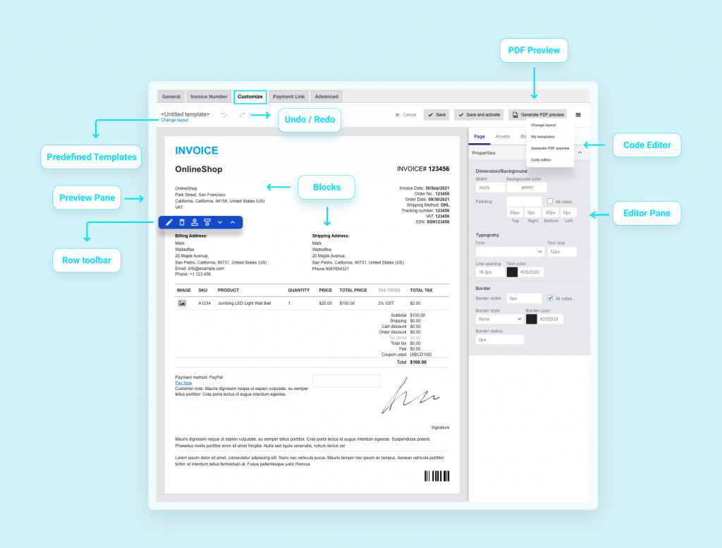 ส่วนประกอบของเครื่องมือปรับแต่งไดนามิกในใบแจ้งหนี้ pdf woocommerce