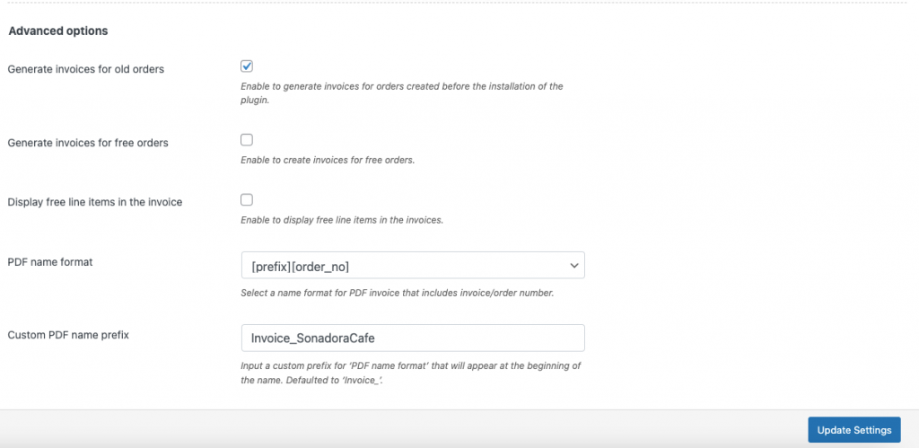 ตัวเลือกขั้นสูงของใบแจ้งหนี้ PDF woocommerce