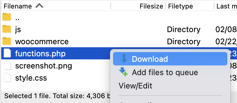 ดาวน์โหลดไฟล์ functions.php จาก Filezilla