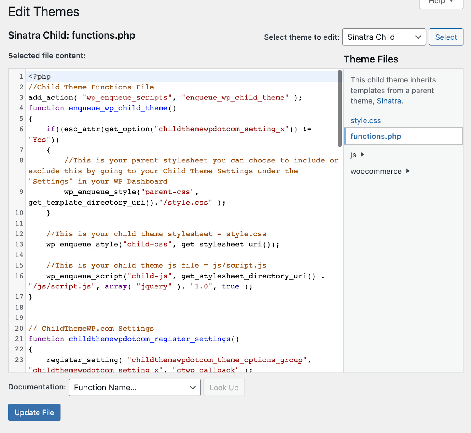 การแก้ไขไฟล์ functions.php ในไฟล์ธีม editoor