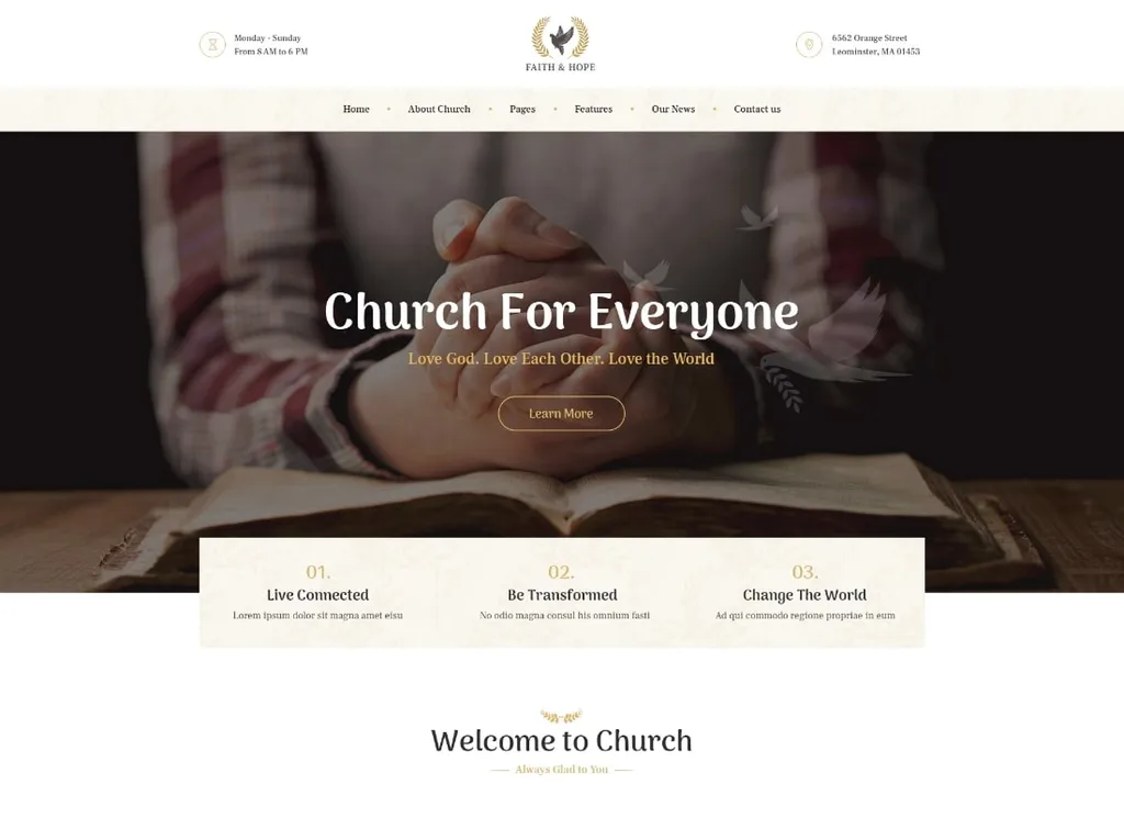 Fé & Esperança | Um tema moderno para WordPress de Igreja e Religião