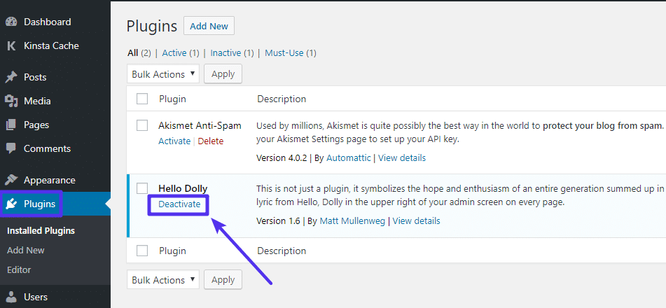 menonaktifkan plugin WordPress melalui admin