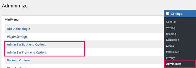 Opsi bilah alat admin Admin toolbar options