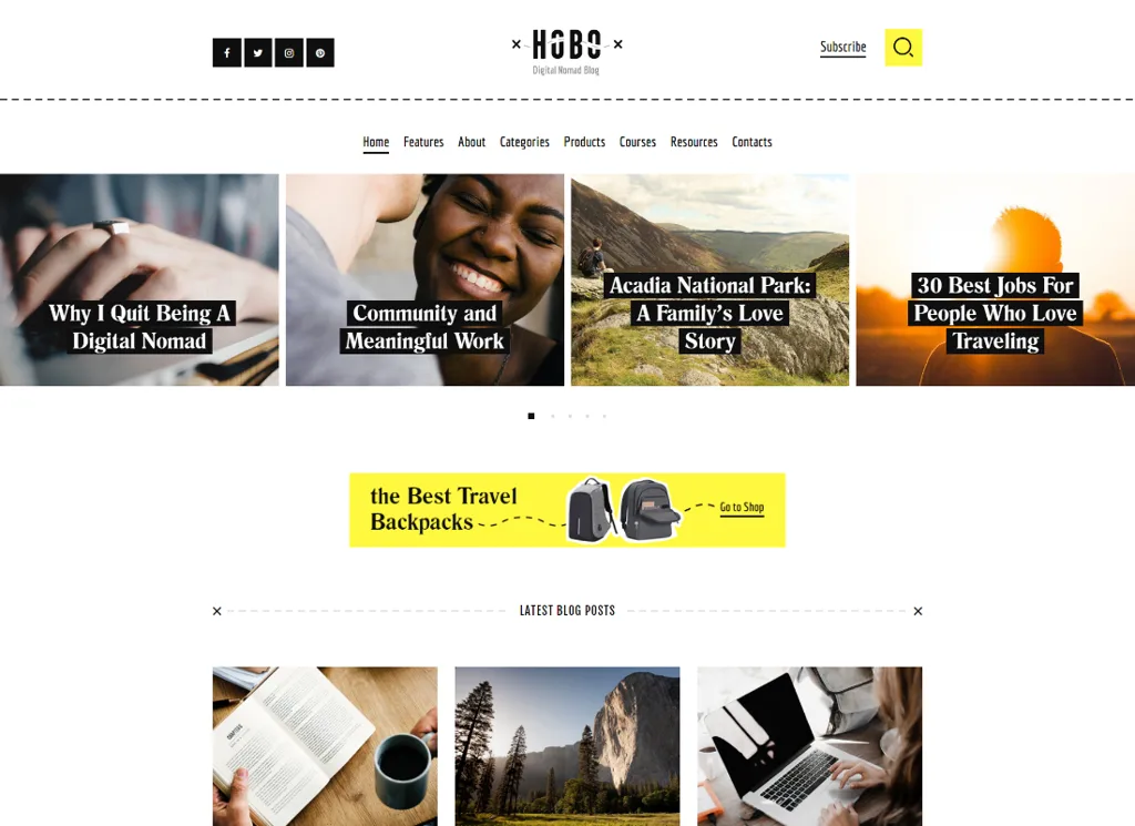 Hobo - Tema WordPress de blog de estilo de vida de viagem digital nômade