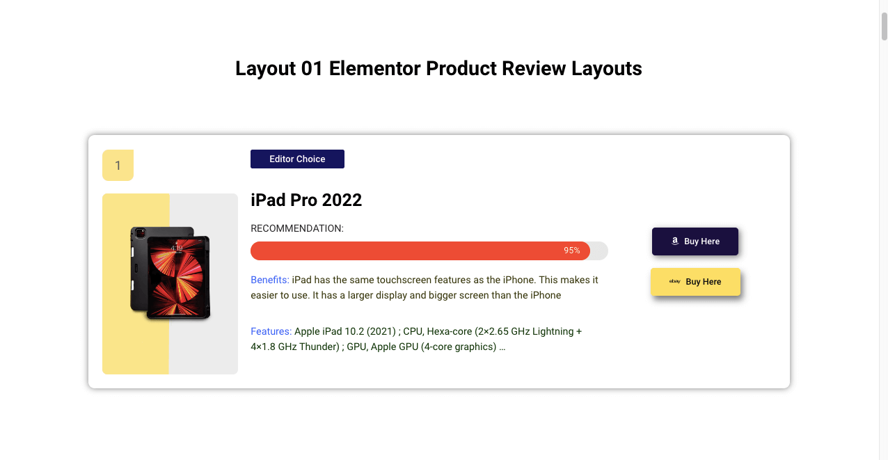 15+ Widget di recensione del prodotto Elementor per creare alcune sezioni di recensione uniche con componenti aggiuntivi felici 6 Product Review Layout For Featured Product Section
