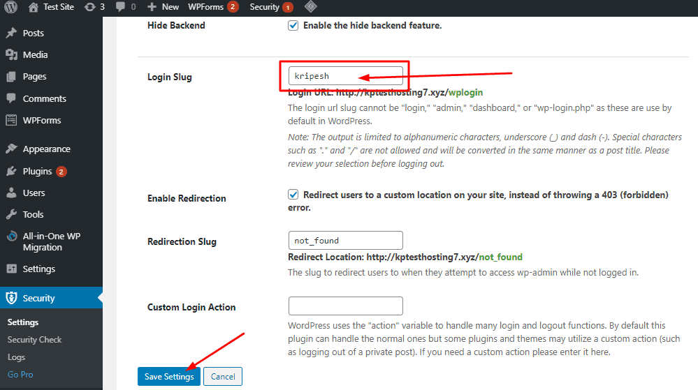 modifica dell'URL della pagina di accesso di wordpress
