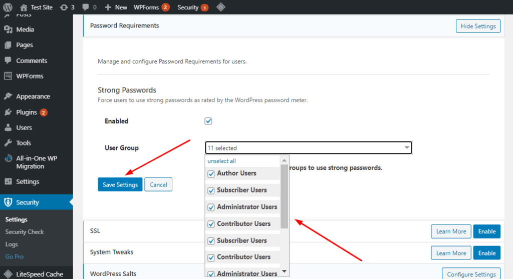 wordpress applica una password complessa