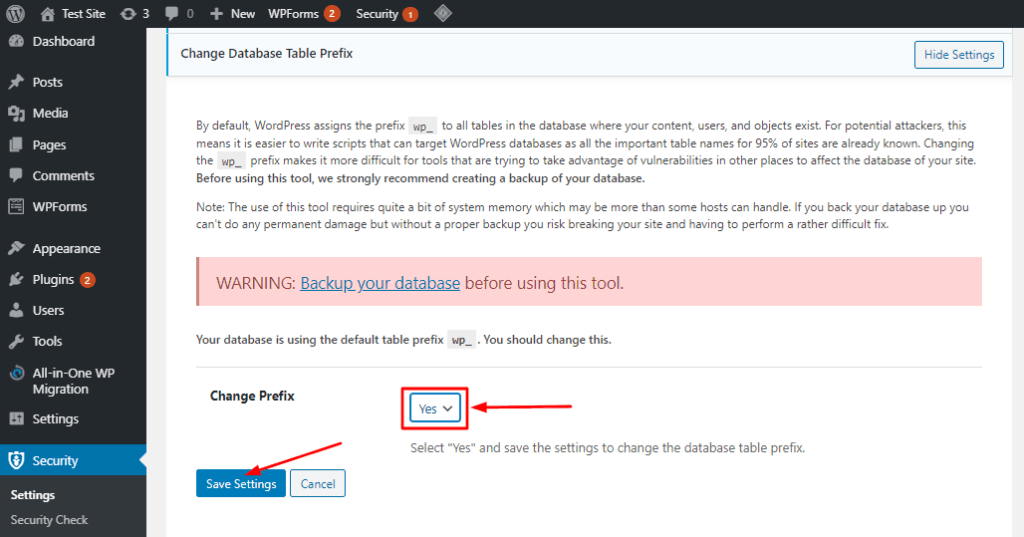 wordpress cambia il prefisso della tabella db