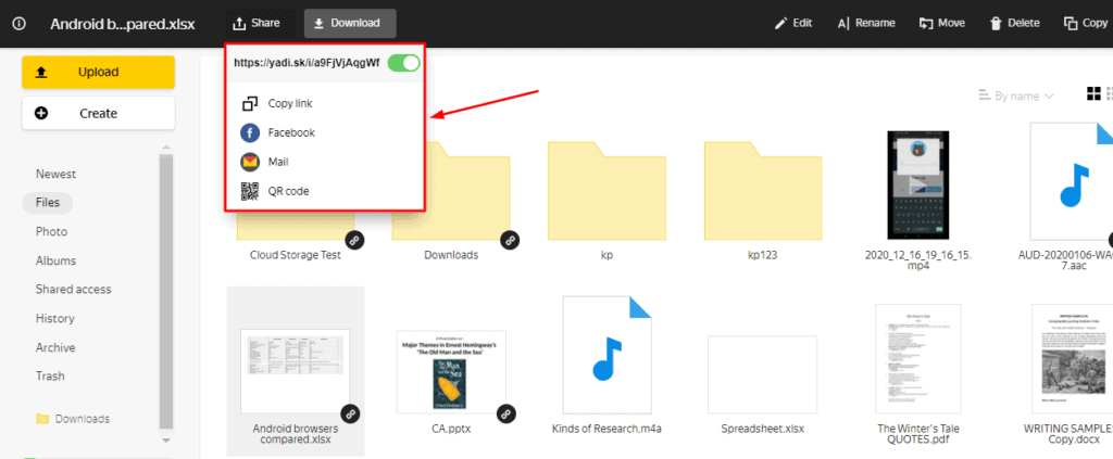 yandex-disk-link-condivisione