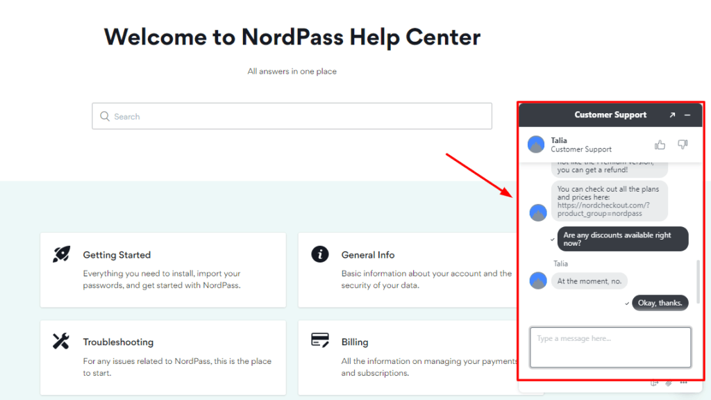 Supporto per la chat dal vivo di NordPass