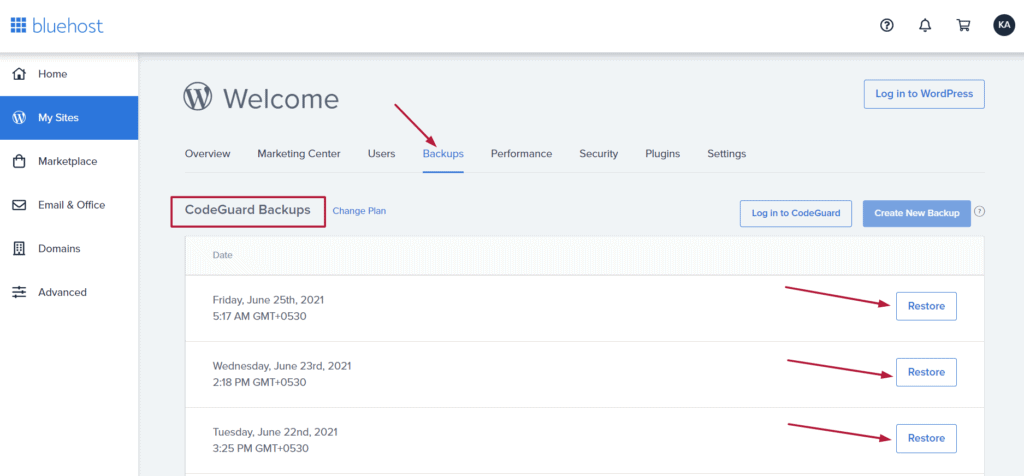 bluehost Codeguard สำรอง