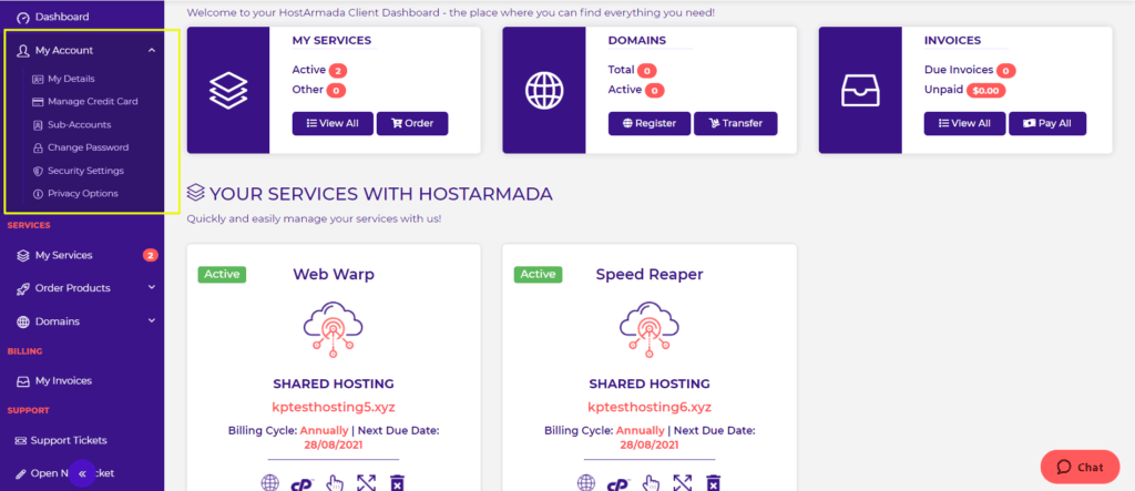 HostArmada บัญชีของฉัน