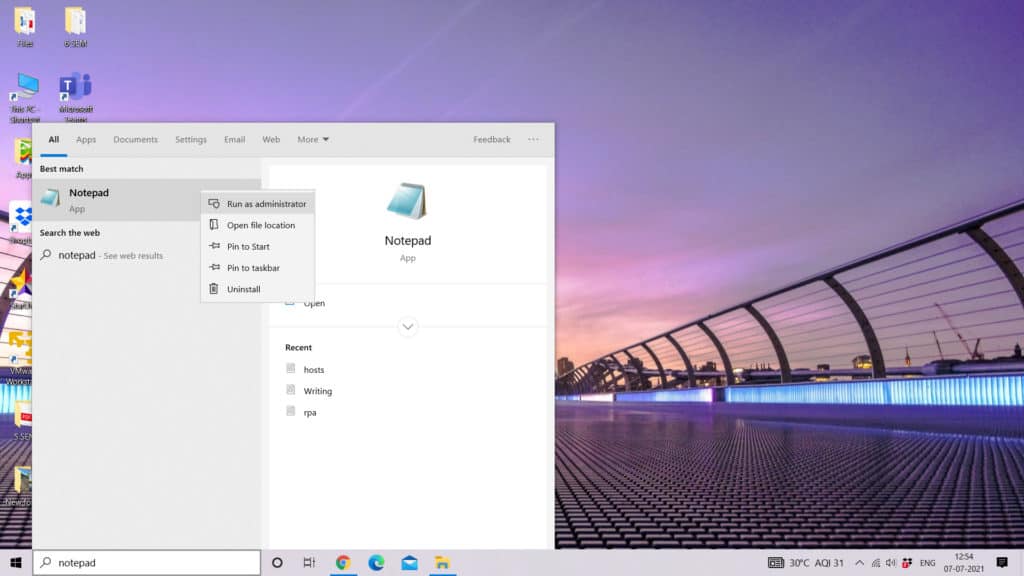 (windows) 1단계 - 메모장을 관리자 권한으로 실행