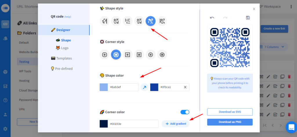Onglet Concepteur de code QR dans Switchy