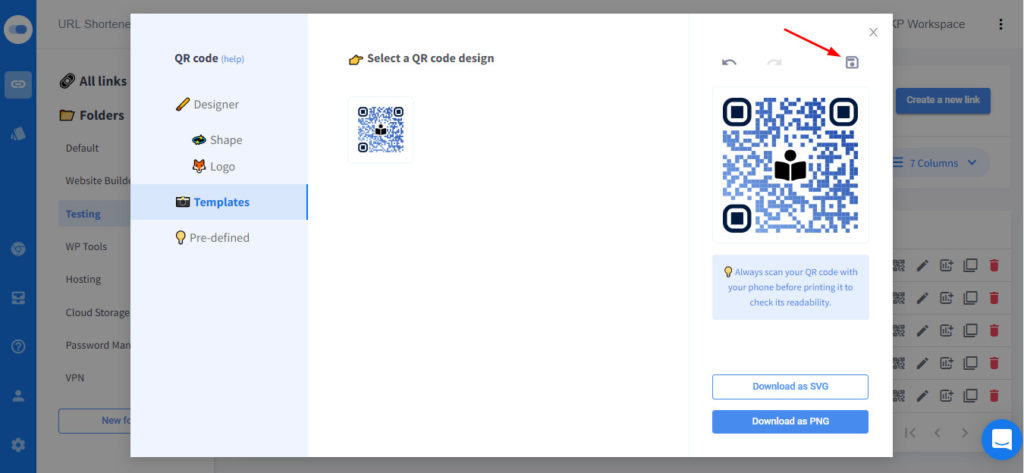Onglet Modèles de code QR dans Switchy