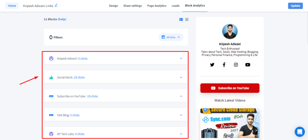 Onglet Block Analytics dans Switchy