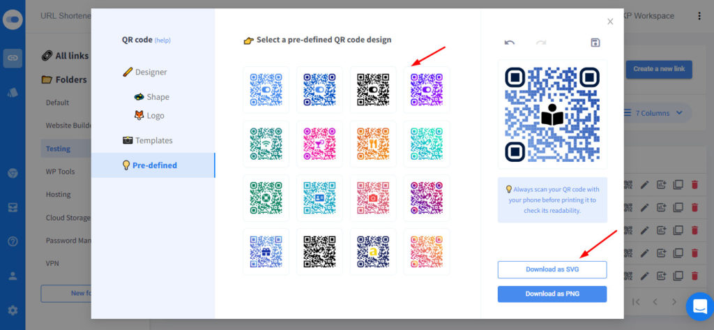 Onglet prédéfini de code QR dans Switchy