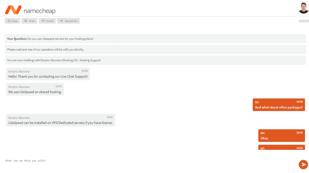 Support de chat en direct Namecheap