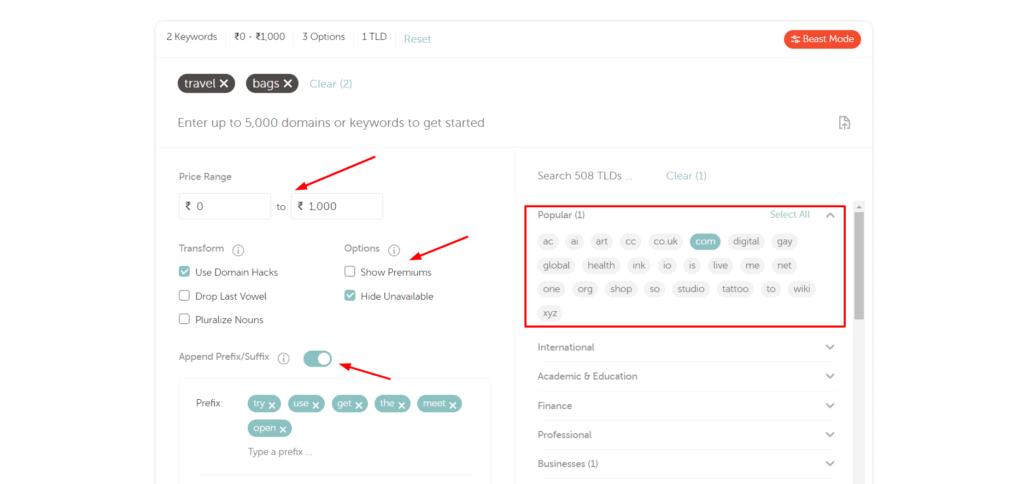 Fonctionnalités du mode Namecheap Beast 1