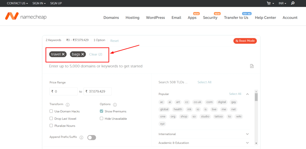 Namecheap Beast Mode page d'accueil
