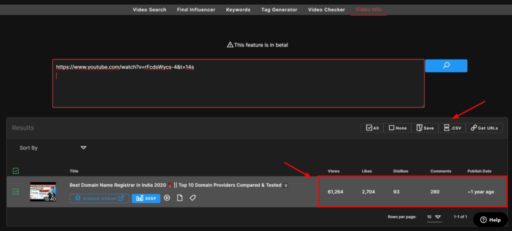 Informations sur la vidéo dans Biteplay