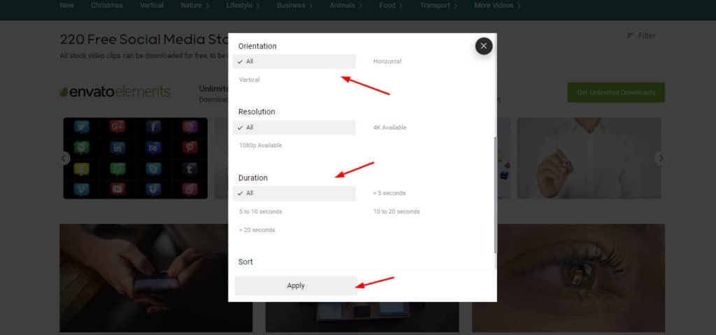 Options de filtrage dans Mixkit