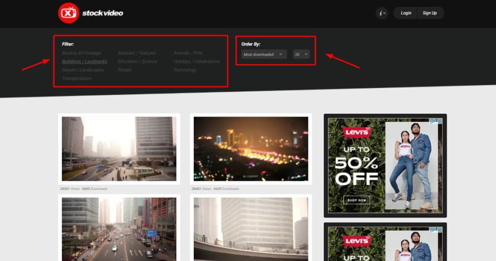 Options de tri et catégories sur XStockVideo